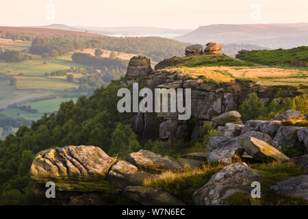 Froggatt Kante, eine gritstone Escarpment. Peak District National Park, Großbritannien, Juli 2009. Stockfoto