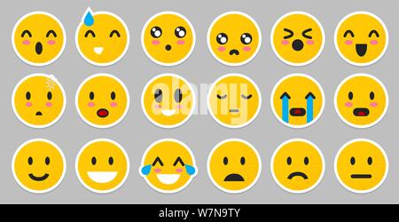Satz von gelben Emoticons. Isolierte Lächeln Gesicht. Emoji Stimmung auf grauem Hintergrund. Vector Illustration Zeichen für Anwendungen und Spiele. Glück und Stock Vektor