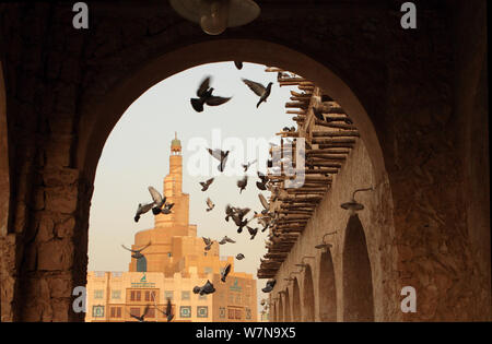 Tauben fliegen unter den Gebäuden der rekonstruierten Alten Souk, Souk Waqif, Doha, Katar, Arabischen Golf. Im Hintergrund ist der Turm des Islamischen Kulturzentrum. Mai 2011 Stockfoto