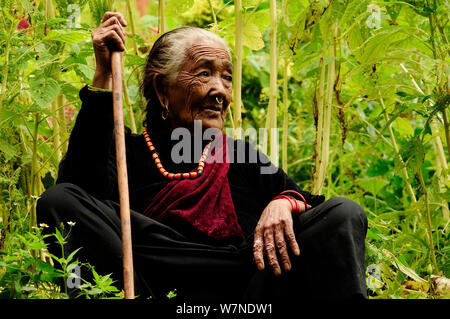 Alte Frau in der budhi Gandaki River Valley. Manaslu Conservation Area, Himalaya, Nepal, Oktober 2009. Stockfoto