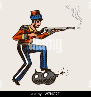 Vintage militärischen Mann mit einer Bombe und eine Pistole. Das Konzept der Krieg in der Geschichte. Hand graviert Skizze im Vintage Style. Vorlage für die Website oder Etikett Stock Vektor