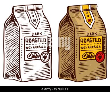 Packung mit Kaffee. Beutel mit gemahlenen Bohnen im Vintage Style. Hand graviert retro Skizze. Organische natürliche Anlage, Vorlage für ein Label oder Menü. Stock Vektor