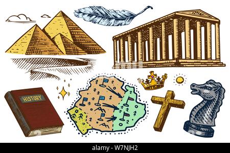 Das Konzept der Geschichte auf der Erde. Bildung, Religion und alte Symbole. Ägyptische Pyramiden und antiken Gebäude mit Säulen, Karte buchen. Hand Stock Vektor