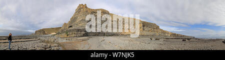 Weitwinkel Panoramablick auf Kalkstein felsigen Strand bei Macross, mit der Person, die auf Strand, Glamorgan, Wales, Großbritannien Stockfoto