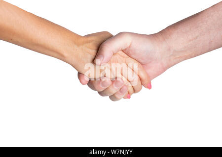 Geschäftlicher Erfolg Konzept. Ein Händedruck von zwei Geschäftspartner auf weißem Hintergrund. Handshake von Mann und Frau. Stockfoto