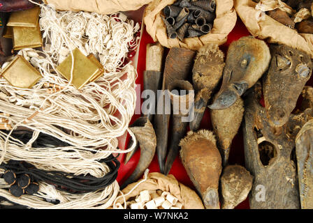 Tier Amulette zum Verkauf in Sandaga Markt ist einer der Wichtigsten von Dakar. Krokodil Köpfe, Geier, Köpfe und Hörner. Dakar, Senegal Stockfoto