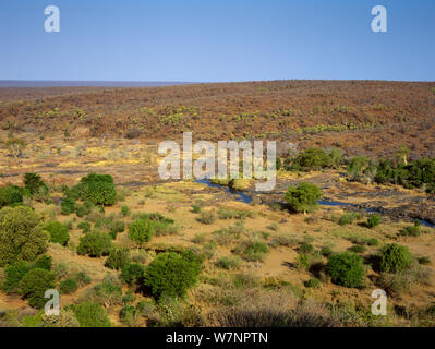 Olifants Fluss, der durch veldt Landschaft, von Olifants Camp, Kruger National Park, Transvaal, Südafrika, September gesehen. Stockfoto