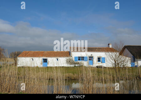 Traditionelle Häuser in der Nähe von Salzwiesen. Vendee, Frankreich, März 2010. Stockfoto