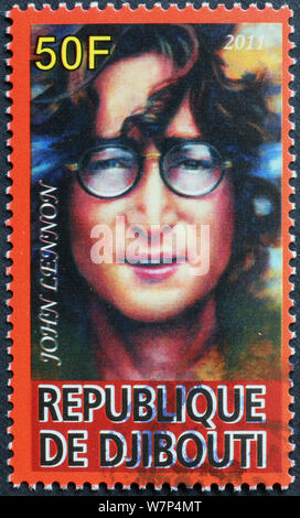 John Lennon Portrait auf Briefmarke von Dschibuti Stockfoto