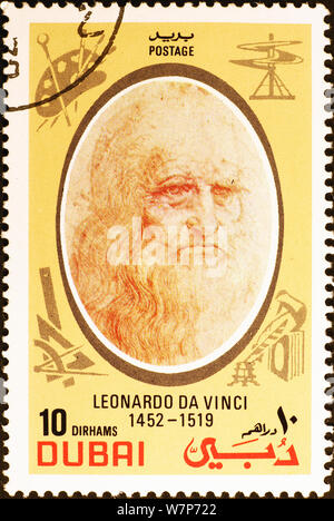 Selbstporträt von Leonardo auf Briefmarke Stockfoto