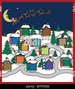 Adventskalender mit Santa's sleigh & der Mond fliegen Overhead & 12 leere Häuser mit offenen Türen auf einem Hügel mit einem Road & Bäume Stock Vektor