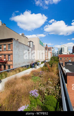 Menschen zu Fuß auf die High Line, eine Meile lang New York City Park auf einem Abschnitt der ehemaligen erhöhte Eisenbahn entlang der Lower West Side, New York, USA 2011 Stockfoto