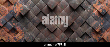 Industrial Metal Rusty Hintergrund Textur, Cube Form Elemente Muster, Banner. 3D-Darstellung Stockfoto