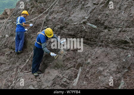 Chinesische Arbeiter auszugraben Dinosaurier Fossilien in einer Wand 150 Meter lang, 2 Meter tief und 8 Meter hoch, an der Ausgrabungsstätte in Laojun vi konzentriert Stockfoto