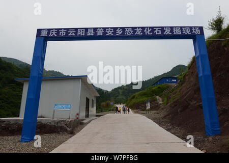 Blick auf die Ausgrabungsstätte von dinosaurierfossilien in einer Wand 150 Meter lang, 2 Meter tief und 8 Meter hoch, im Dorf Laojun, Pu'eine Stadt konzentriert Stockfoto