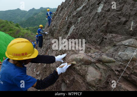 Chinesische Arbeiter auszugraben Dinosaurier Fossilien in einer Wand 150 Meter lang, 2 Meter tief und 8 Meter hoch, an der Ausgrabungsstätte in Laojun vi konzentriert Stockfoto