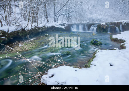 Der Fluss Lathkill. Lathkill Dale National Nature Reserve (SSSI), Peak District National Park, Großbritannien. Juni. Jahreszeiten Sequenz 1 von 2: Winter. Stockfoto