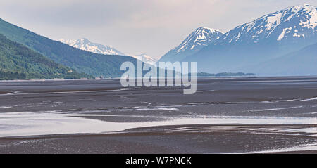 Die Ebbe Wattenmeer in den Turnagain Arm in Alaska mit der Chugach Mountains im Hintergrund Stockfoto