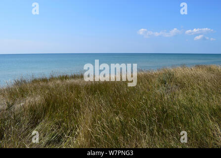 Die steilen Ufer des Meeres in der Steppe. Gras Landschaft in der Nähe der Marine in der Nähe Meer. Schöne Landschaft. Reisen Hintergrund. Stockfoto