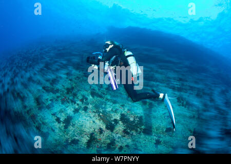 Dive Guide und nach der aktuellen in einen Pass, Malediven, Indischer Ozean, November 2011 Kursleiter Stockfoto