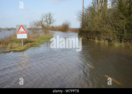 Stark überflutet und geschlossenen Straße auf Curry Moor zwischen Nord Curry und East Lyng nach Wochen der schwere Regen, Somerset, UK, Januar 2013. Stockfoto