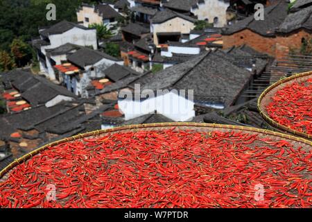 Jiangxi, Jiangxi, China. 7 Aug, 2019. Jiangxi, China - Am 7. August 2019, dem Beginn der Herbst begann, und die Ernten der Huangling altes Dorf in Wuyuan County, Provinz Jiangxi waren im Allgemeinen geerntet und das trockene Korn Jahreszeit angekommen. Die Dorfbewohner von huangling Ernten bunten Pflanzen, wie Paprika, Mais und Kürbis, und Sie auf dem Holz Wäscheständer vor und hinter Hui hang-Stil folk Häuser entlang der Berg, der strahlend in der Sonne werden gebaut, und die Szene ist ziemlich spektakulär. Credit: SIPA Asien/ZUMA Draht/Alamy leben Nachrichten Stockfoto