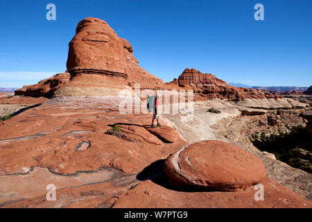 Wanderer über Lost Canyon auf dem Pass zwischen verloren und Squaw Schluchten, Nadeln Dristrict. Canyonlands National Park, Utah, Oktober 2012. Model Released. Stockfoto