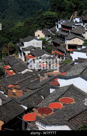 Jiangxi, Jiangxi, China. 7 Aug, 2019. Jiangxi, China - Am 7. August 2019, dem Beginn der Herbst begann, und die Ernten der Huangling altes Dorf in Wuyuan County, Provinz Jiangxi waren im Allgemeinen geerntet und das trockene Korn Jahreszeit angekommen. Die Dorfbewohner von huangling Ernten bunten Pflanzen, wie Paprika, Mais und Kürbis, und Sie auf dem Holz Wäscheständer vor und hinter Hui hang-Stil folk Häuser entlang der Berg, der strahlend in der Sonne werden gebaut, und die Szene ist ziemlich spektakulär. Credit: SIPA Asien/ZUMA Draht/Alamy leben Nachrichten Stockfoto