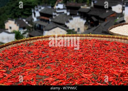 Jiangxi, Jiangxi, China. 7 Aug, 2019. Jiangxi, China - Am 7. August 2019, dem Beginn der Herbst begann, und die Ernten der Huangling altes Dorf in Wuyuan County, Provinz Jiangxi waren im Allgemeinen geerntet und das trockene Korn Jahreszeit angekommen. Die Dorfbewohner von huangling Ernten bunten Pflanzen, wie Paprika, Mais und Kürbis, und Sie auf dem Holz Wäscheständer vor und hinter Hui hang-Stil folk Häuser entlang der Berg, der strahlend in der Sonne werden gebaut, und die Szene ist ziemlich spektakulär. Credit: SIPA Asien/ZUMA Draht/Alamy leben Nachrichten Stockfoto