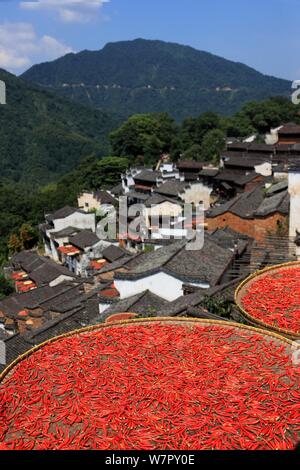 August 7, 2019, Jiangxi, Jiangxi, China: Jiangxi, China - Am 7. August 2019, dem Beginn der Herbst begann, und die Ernten der Huangling altes Dorf in Wuyuan County, Provinz Jiangxi waren im Allgemeinen geerntet und das trockene Korn Jahreszeit angekommen. Die Dorfbewohner von huangling Ernten bunten Pflanzen, wie Paprika, Mais und Kürbis, und Sie auf dem Holz Wäscheständer vor und hinter Hui hang-Stil folk Häuser entlang der Berg, der strahlend in der Sonne werden gebaut, und die Szene ist ziemlich spektakulär. (Bild: © SIPA Asien über ZUMA Draht) Stockfoto