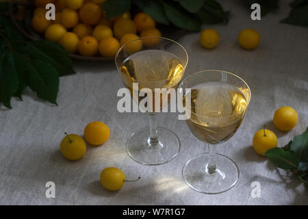 Cherry Plum Likör in kleinen Gläsern und Cherry Plum auf einer hölzernen Hintergrund. Im rustikalen Stil. Stockfoto
