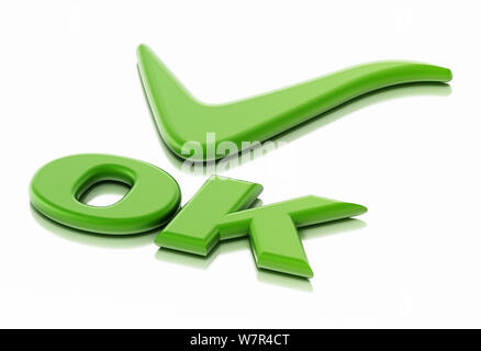 Ok word und Häkchen auf weißem Hintergrund. 3D-Darstellung. Stockfoto