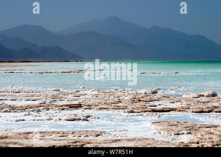 Lake Assal - Africas niedrigsten Punkt in 515 Meter unter dem Meeresspiegel, mit dichten Konzentrationen von Salz auf der Uferlinie, Dschibuti, März 2008 Stockfoto