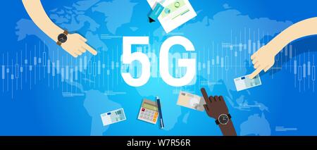 5G-Telefon verbinden weltweit. Smart und der 5. Generation netzwerk konzept. Schnelles Internet Vector Illustration Stock Vektor