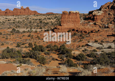 Sand und erodierten Sandsteinfelsen, Klondike Bluffs, Arches National Park, Utah, USA November 2012 Stockfoto