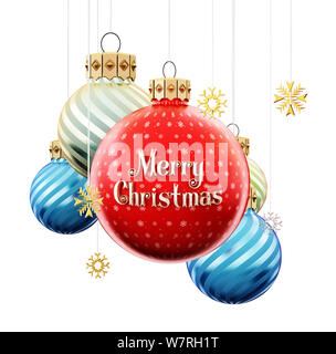 Christbaumkugeln mit frohe Weihnachten Text. 3D-Darstellung. Stockfoto