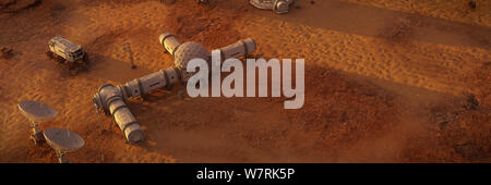 Lebensraum auf dem Mars, Basis in der Wüste Landschaft auf dem Roten Planeten (3d Wissenschaft Abbildung Banner) Stockfoto