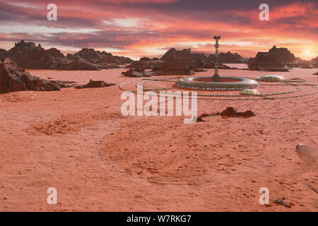 Station auf der Oberfläche des Planeten Mars, Lebensraum in der Marsianischen Wüste Stockfoto