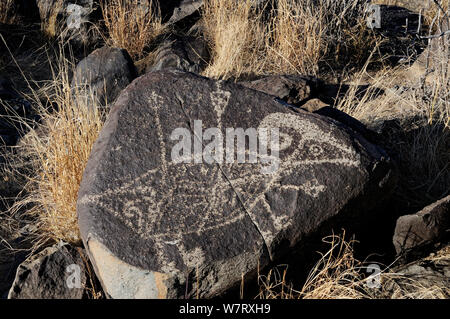 Ein bighorn Schafe von Pfeilen durchbohrt, basaltische felsenschnitzen von Native Americans, drei Flüsse, New Mexico, USA, Dezember 2012. Stockfoto