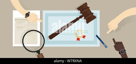 Zertifiziert zugelassene Prüfer Rechtsanwalt Ausbildung Papier. Hammer auf Papier Symbol. Vector Illustration Stock Vektor