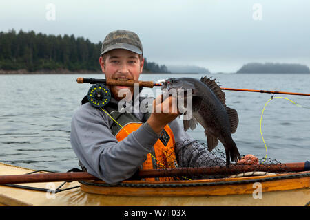 Mann mit Schwarzen rockfish (Sebastes melanops) gefangen mit Fliegenfischen in der Straße von Juan de Fuca. Washington, USA. Juli 2013. Model Released. Stockfoto