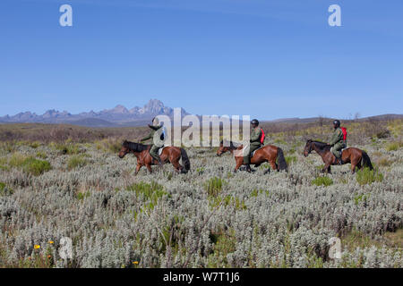 Wildlife Wilderei patrol Unit zu Pferd mit Mount Kenya im Hintergrund, Mount Kenya National Park, Kenia Stockfoto