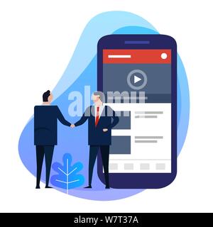 Business Mann die Hand schütteln beschäftigen. Video Content Creator auf Smart Phone. Digitale Informationen. Stock Vektor