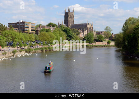 Worcester Cathedral, mit dem Fluss Severn und Swan Heiligtum, Worcester, England, UK, Mai 2013. Stockfoto