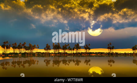 Palmen in der Nähe von Oasis in Afrika 3D-Rendering Stockfoto