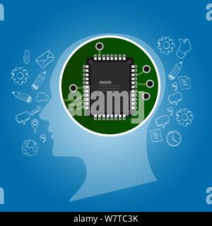 Künstliche Intelligenz. Menschlichen Kopf Umriss mit Platine Chip Prozessor. Technologie und elektronischen Konzept. Stock Vektor
