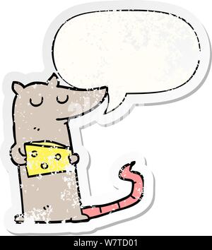 Cartoon Maus mit Käse mit Sprechblase distressed Distressed alte Aufkleber Stock Vektor