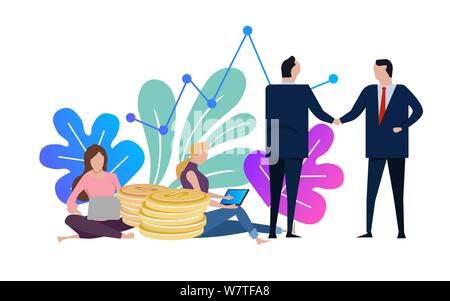 Geschäftsleute und Frau Hände schütteln. Business-Vereinbarung und ergänzt das Angebot mit einem Händedruck. Weibliche Arbeiten am Laptop. Vector Illustration. Stock Vektor
