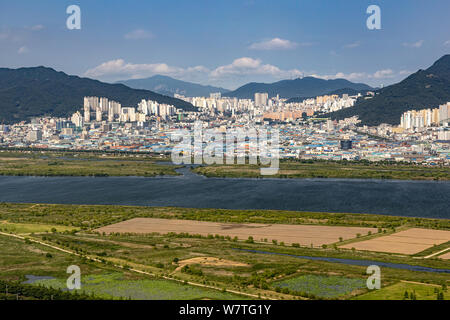 Busan, Korea - Juni 22, 2019: Luftaufnahme von Busan Stockfoto