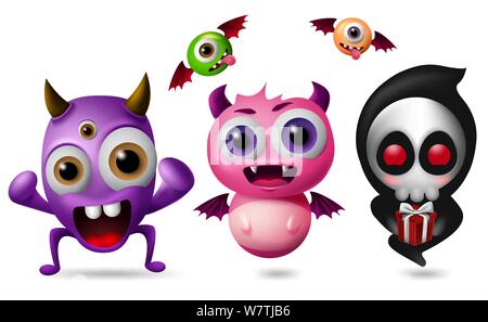 Monster vektor Zeichen gesetzt. Süße kleine Monster in lustig und gruselig Ausdruck in weißem Hintergrund. 3D realistische Vector Illustration. Stock Vektor